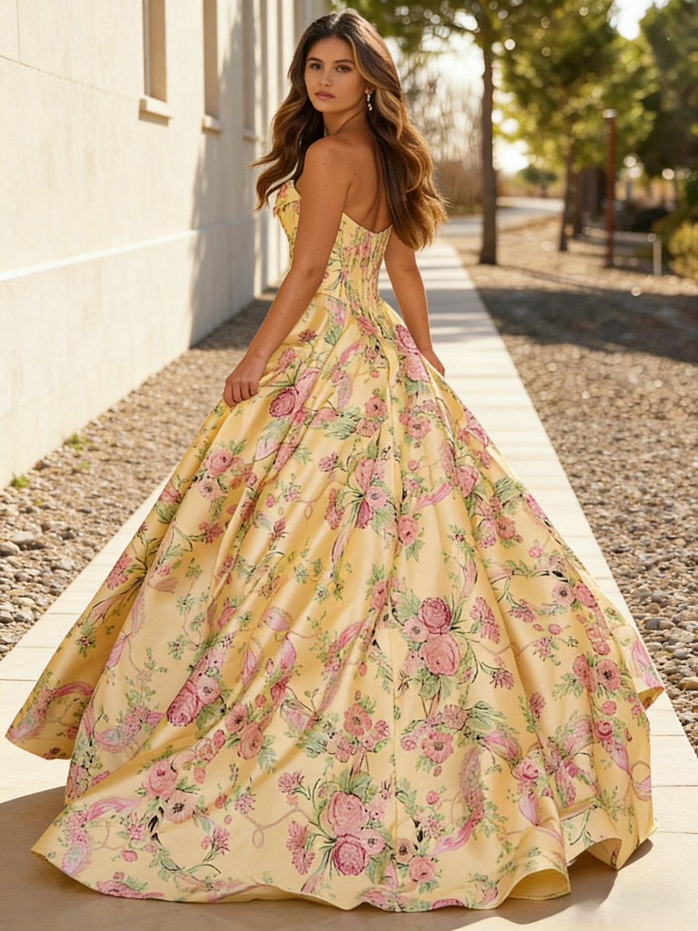 A-Line/Princess Floral Prom Dresses Corset Strapless Floor-Length Satin Dresses With Pocket High Split