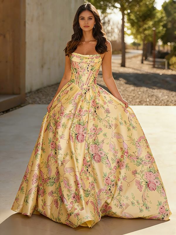 A-Line/Princess Floral Prom Dresses Basque Waist Corset Strapless Floor-Length Satin Dresses With Pocket High Split