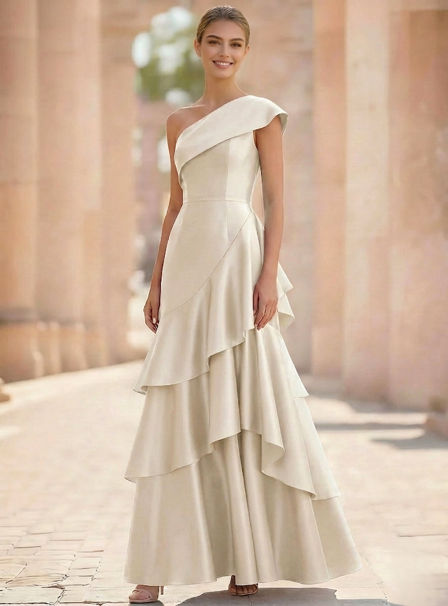 Sheath/Column Elegant Evening Dresses Satin One Shoulder Floor-Length Formal Dress With Layered Ruffles