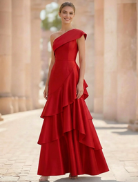 Sheath/Column Elegant Evening Dresses Satin One Shoulder Floor-Length Formal Dress With Layered Ruffles