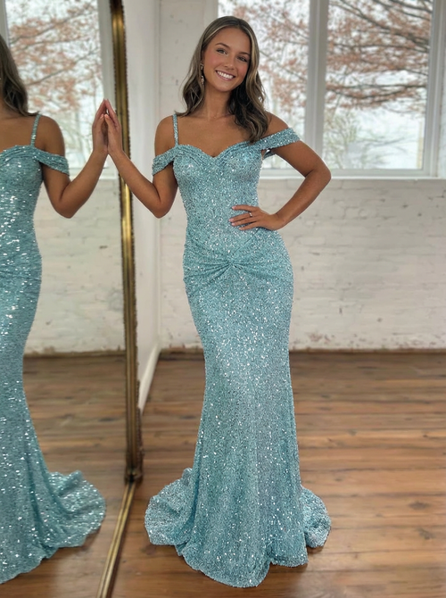 Trumpet/Mermaid Prom Dress Spaghetti Sweetheart Neck Floor-length Long Formal Dresses with Ruched Sequin