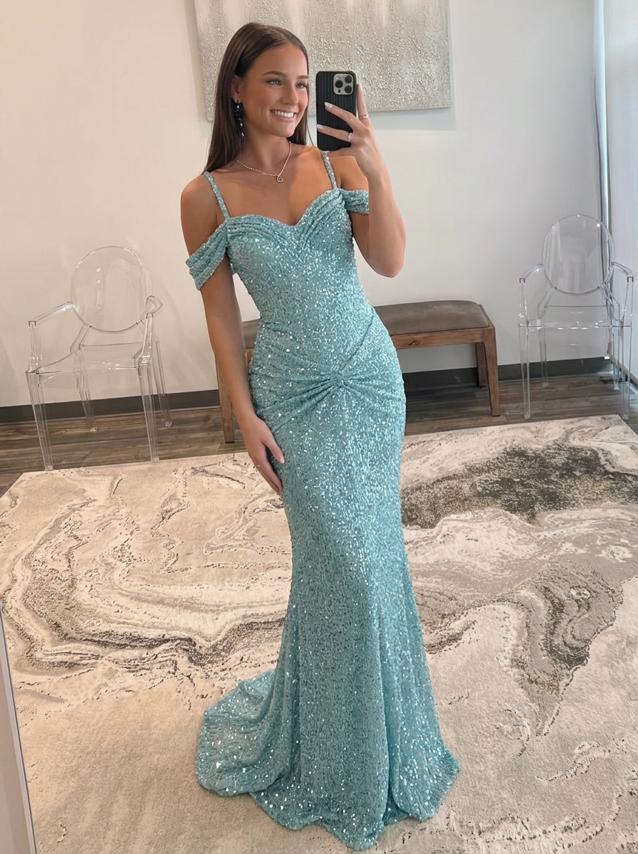 Trumpet/Mermaid Prom Dress Spaghetti Sweetheart Neck Floor-length Long Formal Dresses with Ruched Sequin
