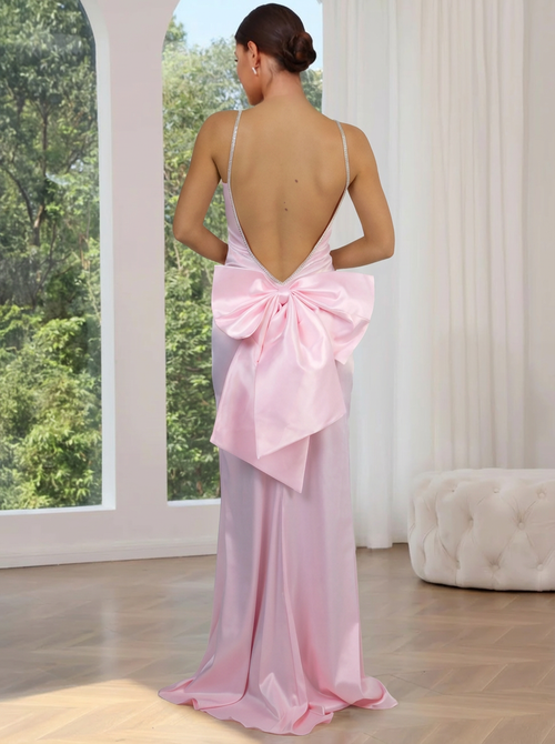 Sheath/Column Pink Prom Dresses Satin Spaghetti Straps Sleeveless Floor-length With Back Bows