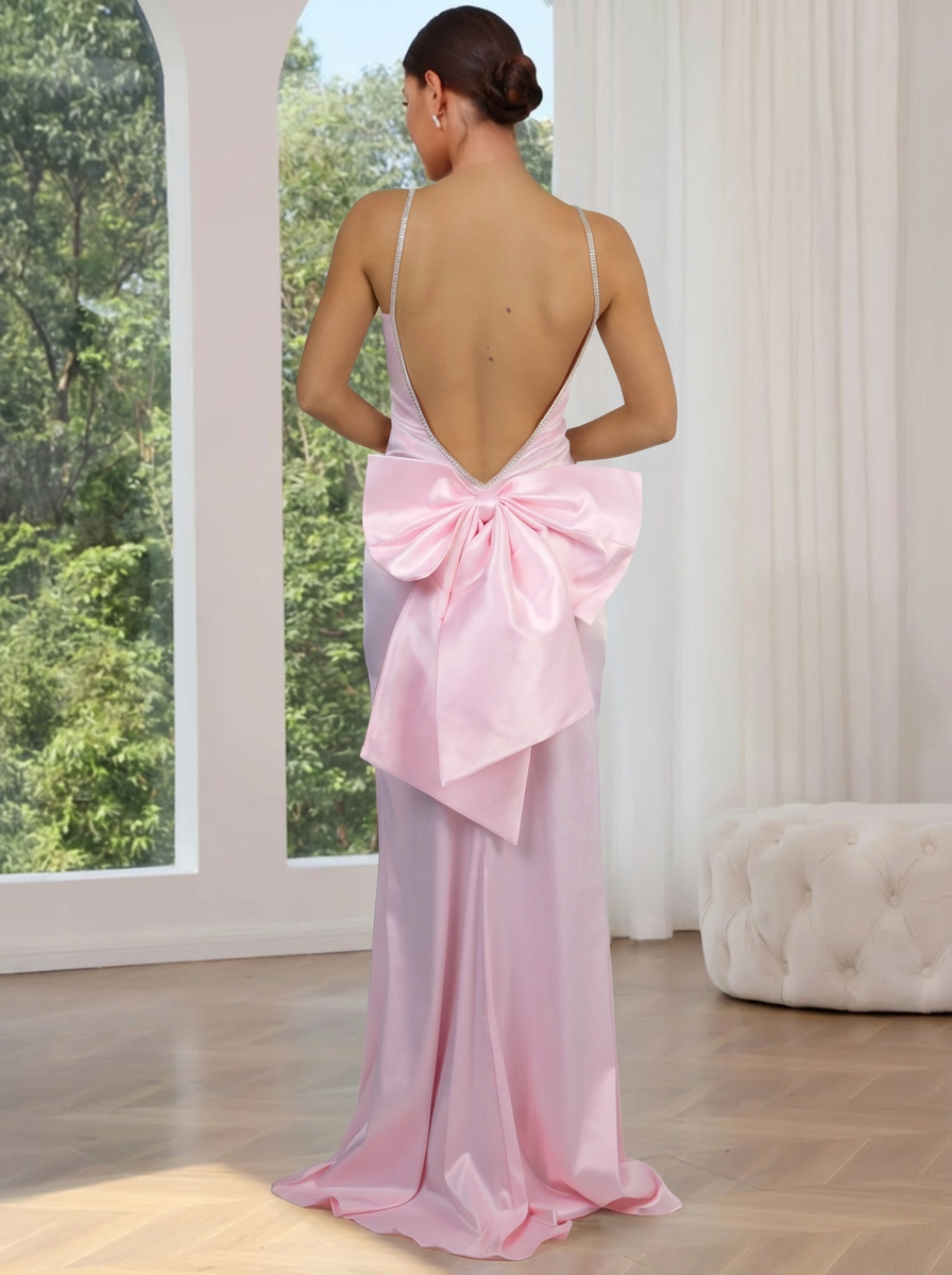 Sheath/Column Pink Prom Dresses Satin Spaghetti Straps Sleeveless Floor-length With Back Bows