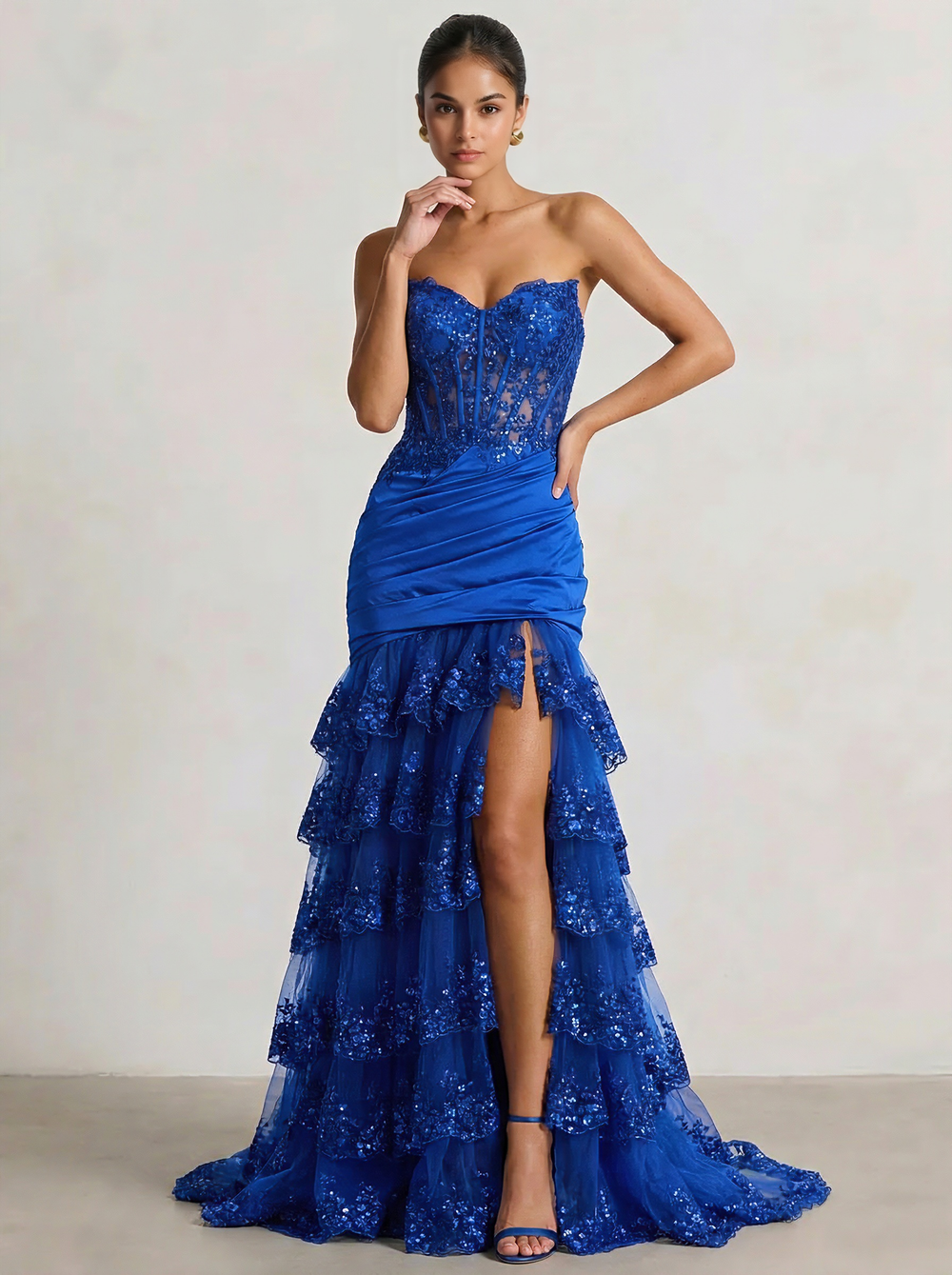 Mermaid Long Prom Dresses Basque Waist Sweetheart Sleeveless Floor-length Corset Pleated Layered Prom Dress With Appliques&Slit