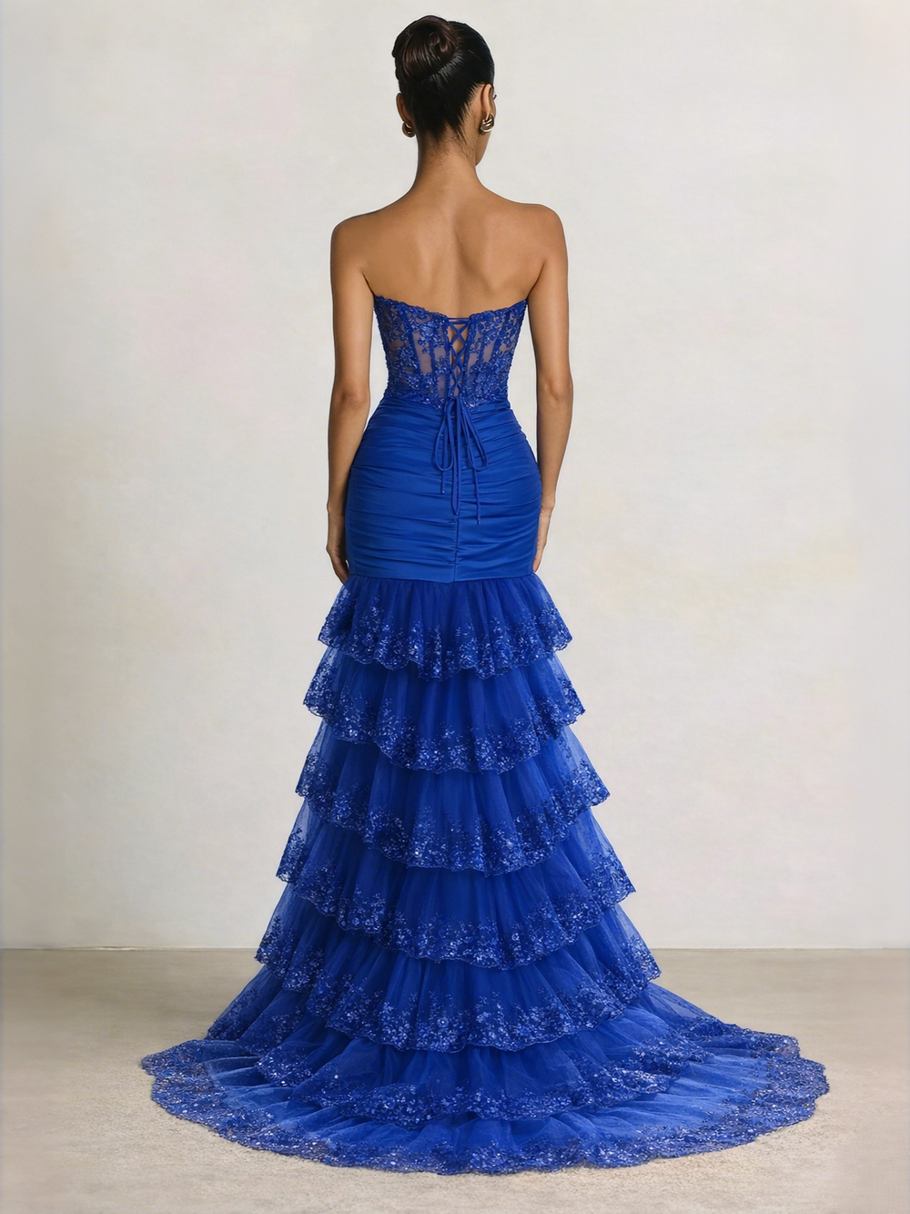 Mermaid Long Prom Dresses Basque Waist Sweetheart Sleeveless Floor-length Corset Pleated Layered Prom Dress With Appliques&Slit