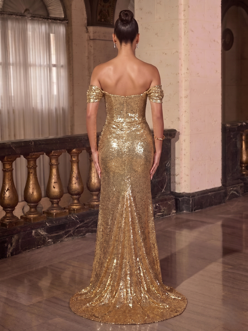 Sequin Mermaid/Trumpet Evening Gown Sweetheart Ruched Short Sleeves with High Split Formal Sparkle Wedding Party