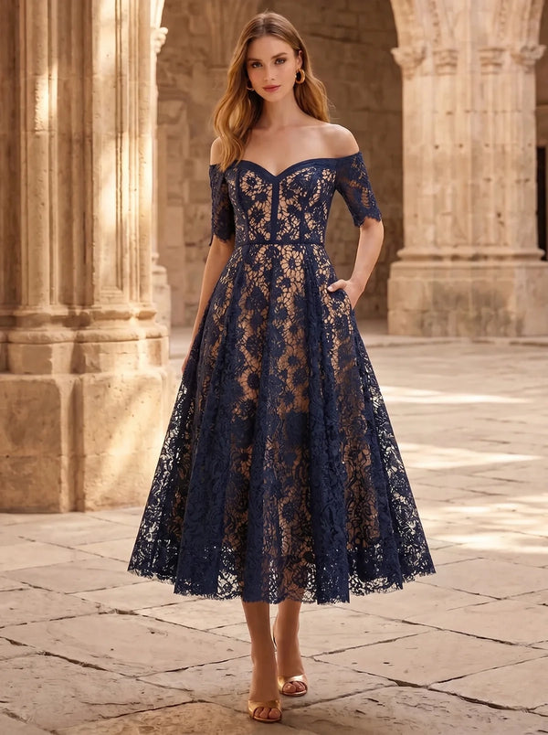 Sheath Cocktail Dress Lace Elegant Dresses Short Sleeves V Neck Tea-Length MOB Wedding Guest