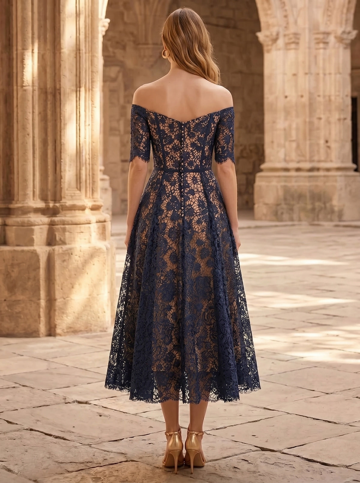 Nafori Dark Navy Sheath Cocktail Dress Lace Elegant Dresses Short Sleeves V Neck Tea-Length MOB Wedding Guest 2026