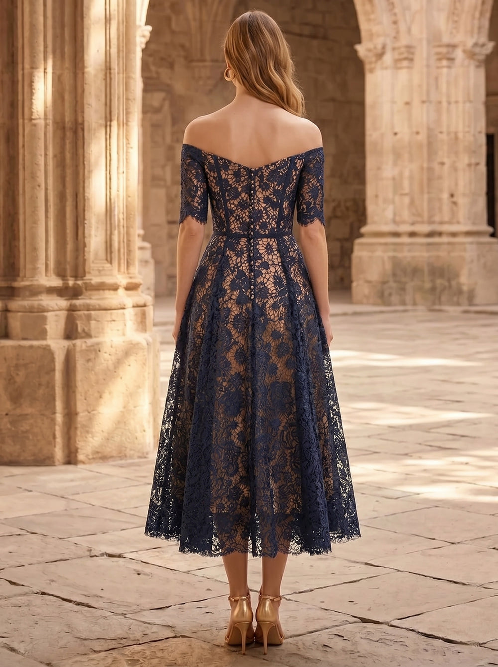 Nafori Dark Navy Sheath Cocktail Dress Lace Elegant Dresses Short Sleeves V Neck Tea-Length MOB Wedding Guest 2026
