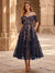 Sheath Cocktail Dress Lace Elegant Dresses Short Sleeves V Neck Tea-Length MOB Wedding Guest