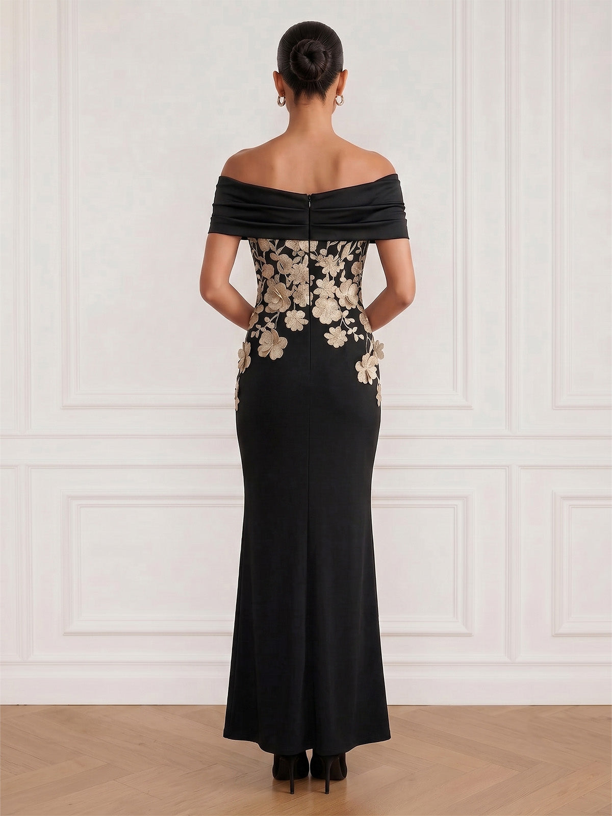 Mermaid Cocktail Dresses Appliques Satin Off-The-Shoulder With Bow Detail Short Sleeves Ankle-Length Zipper Floral Elegant Formal Dress