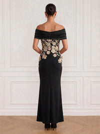 Mermaid Cocktail Dresses Appliques Satin Off-The-Shoulder With Bow Detail Short Sleeves Ankle-Length Zipper Floral Elegant Formal Dress