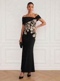 Mermaid Cocktail Dresses Appliques Satin Off-The-Shoulder With Bow Detail Short Sleeves Ankle-Length Zipper Floral Elegant Formal Dress
