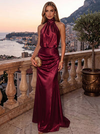 Sheath/Column Evening Dresses Satin Halter Sleeveless Floor-Length Ruched With Neck Sash Wedding Guest Dresses