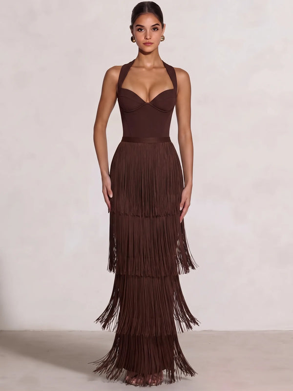 Sheath/Column Evening Dresses Sweetheart Sleeveless Midi Length Fringed Party Dresses Cross Straps Lace-Up Formal Dresses