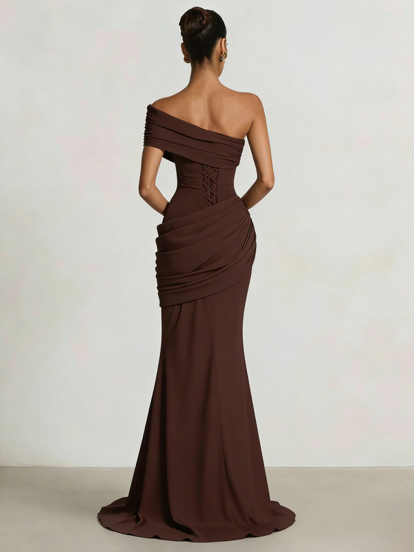 Mermaid Prom Dresses One Shoulder One Short Sleeve Floor-length Formal Dress With Asymmetric Draped Panel