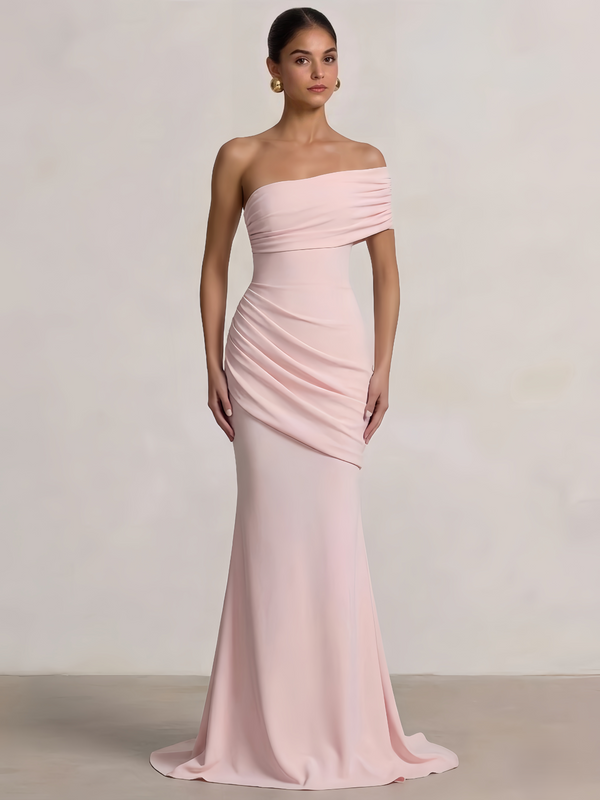 Mermaid Prom Dresses One Shoulder One Short Sleeve Floor-length Formal Dress With Asymmetric Draped Panel