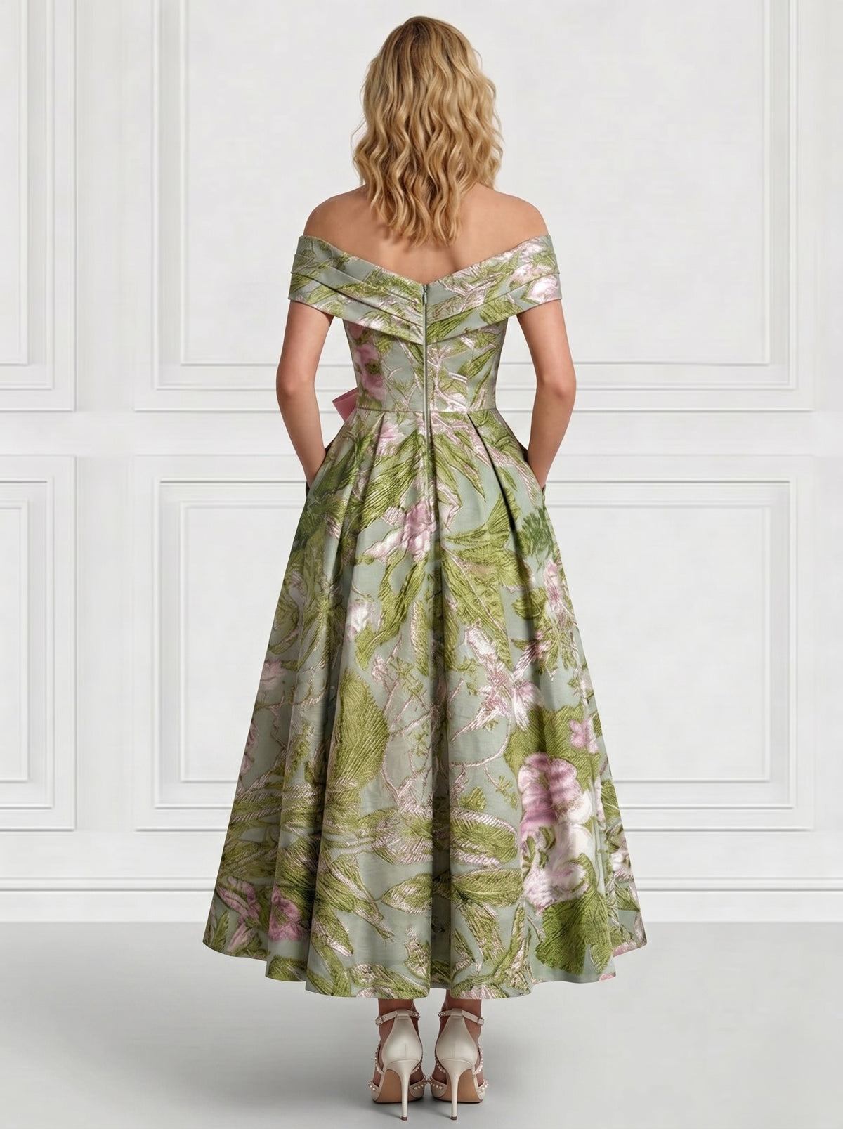 A-Line/Princess Cocktail Dresses Floral Semi-Formal Dresses V Neck Short Sleeves Tea Length with Bowknot Pocket