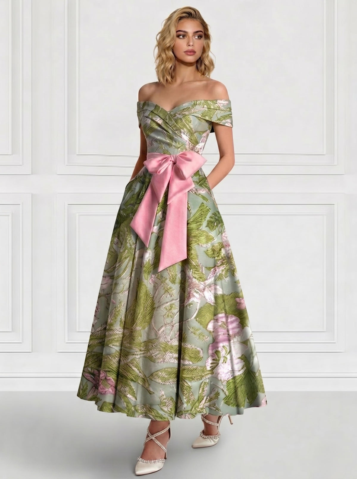 Nafori Pink A-Line/Princess Cocktail Dresses Floral Semi-Formal Dresses V Neck Short Sleeves Tea Length with Bowknot Pocket 2026