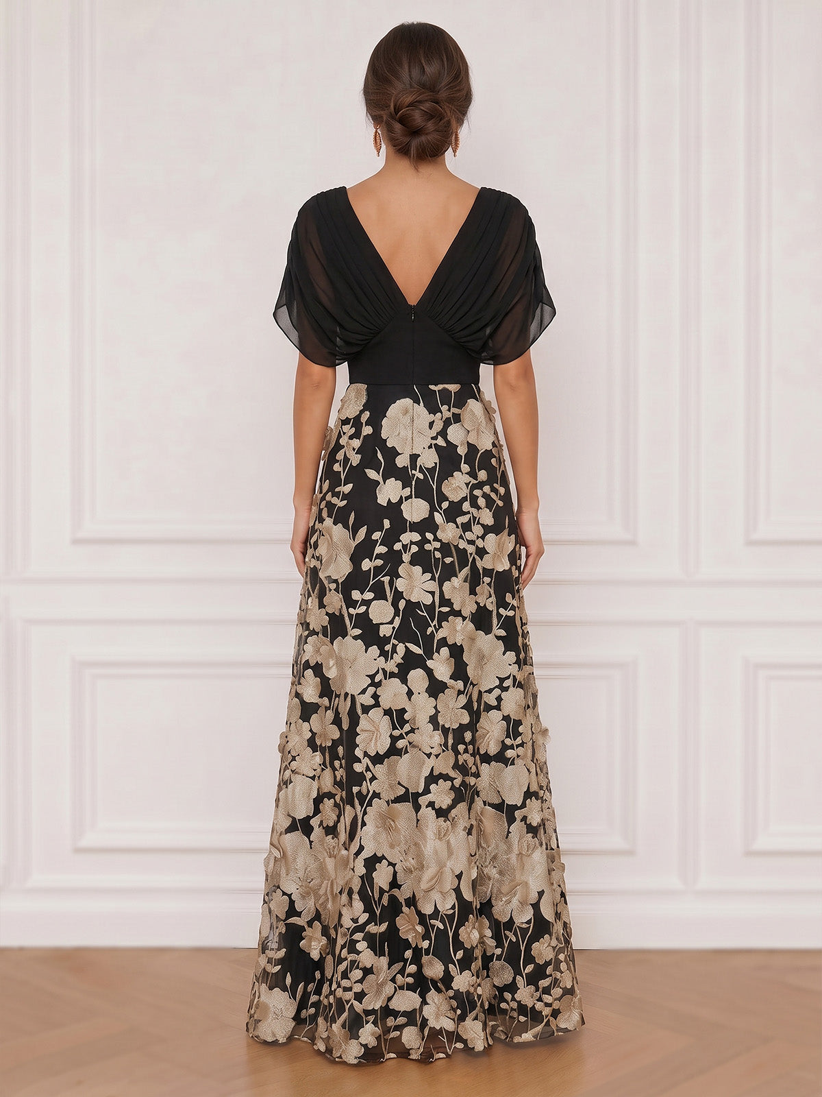 A-Line Evening Dresses Appliques Satin V-Neck Detail 1/2 Sleeves With Ruched Floor-Length Zipper Floral Elegant Formal Dress
