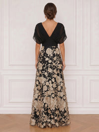 A-Line Evening Dresses Appliques Satin V-Neck Detail 1/2 Sleeves With Ruched Floor-Length Zipper Floral Elegant Formal Dress