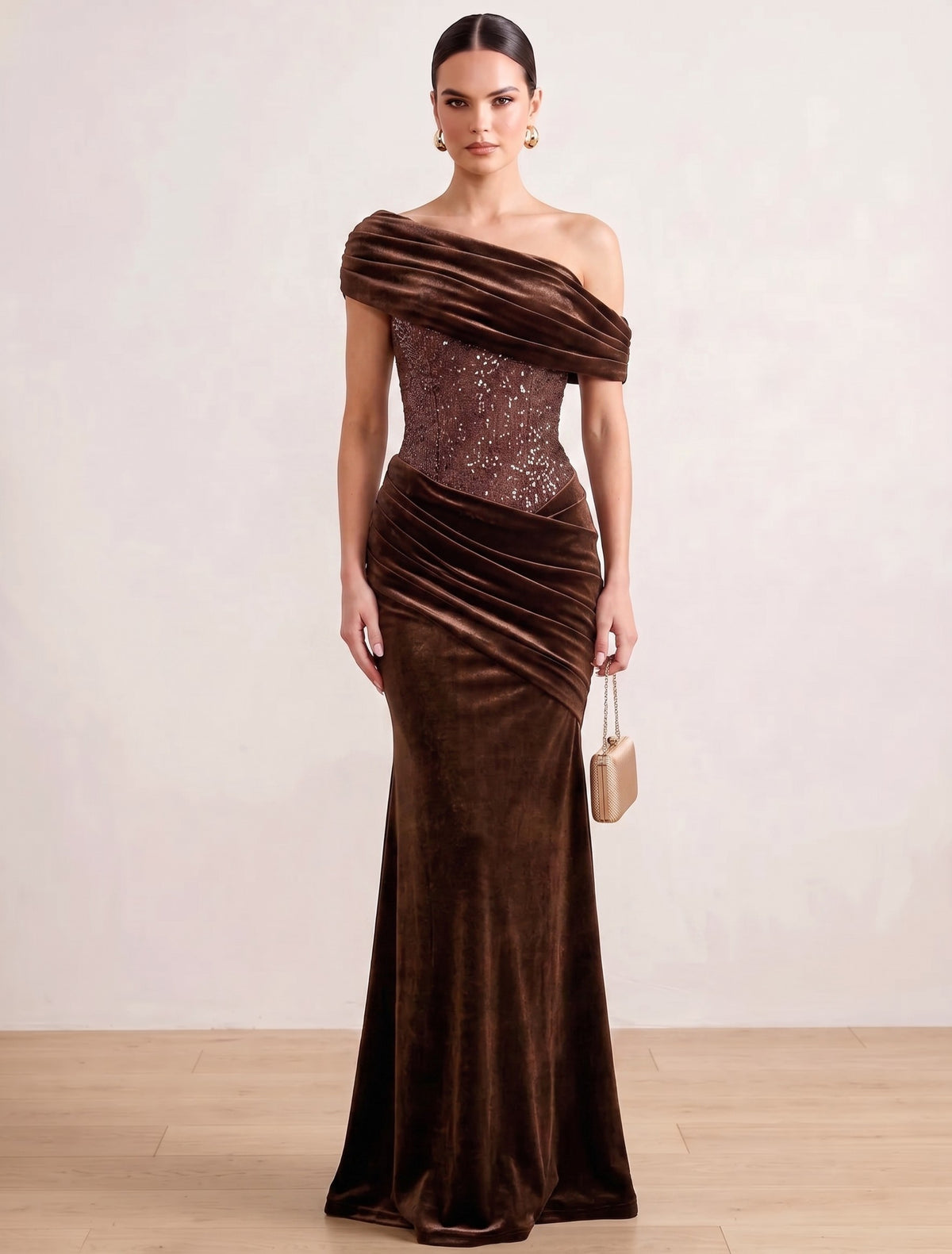 Sheath/Column Evening Dresses Velvet Off-shoulder Formal Dress Ruched Strapless Neckline With Detachable Asymmetric Wedding Guest