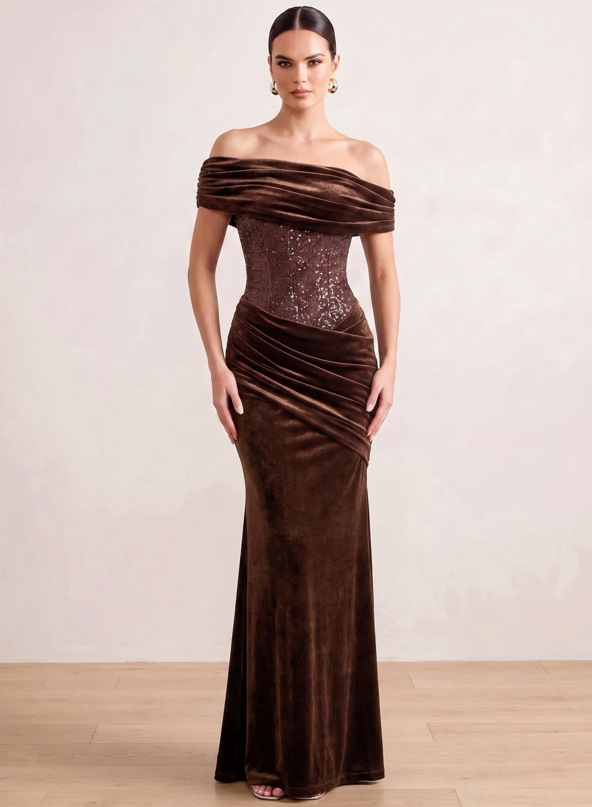 Sheath/Column Evening Dresses Velvet Off-shoulder Formal Dress Ruched Strapless Neckline With Detachable Asymmetric Wedding Guest