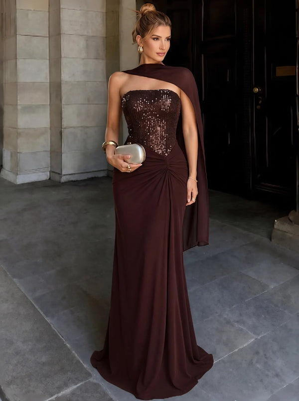 Sheath Chiffon Evening Dresses Sequins Strapless Sparkly Wedding Guest Dress Ruched Bodice Formal Party Dresses With Scarf