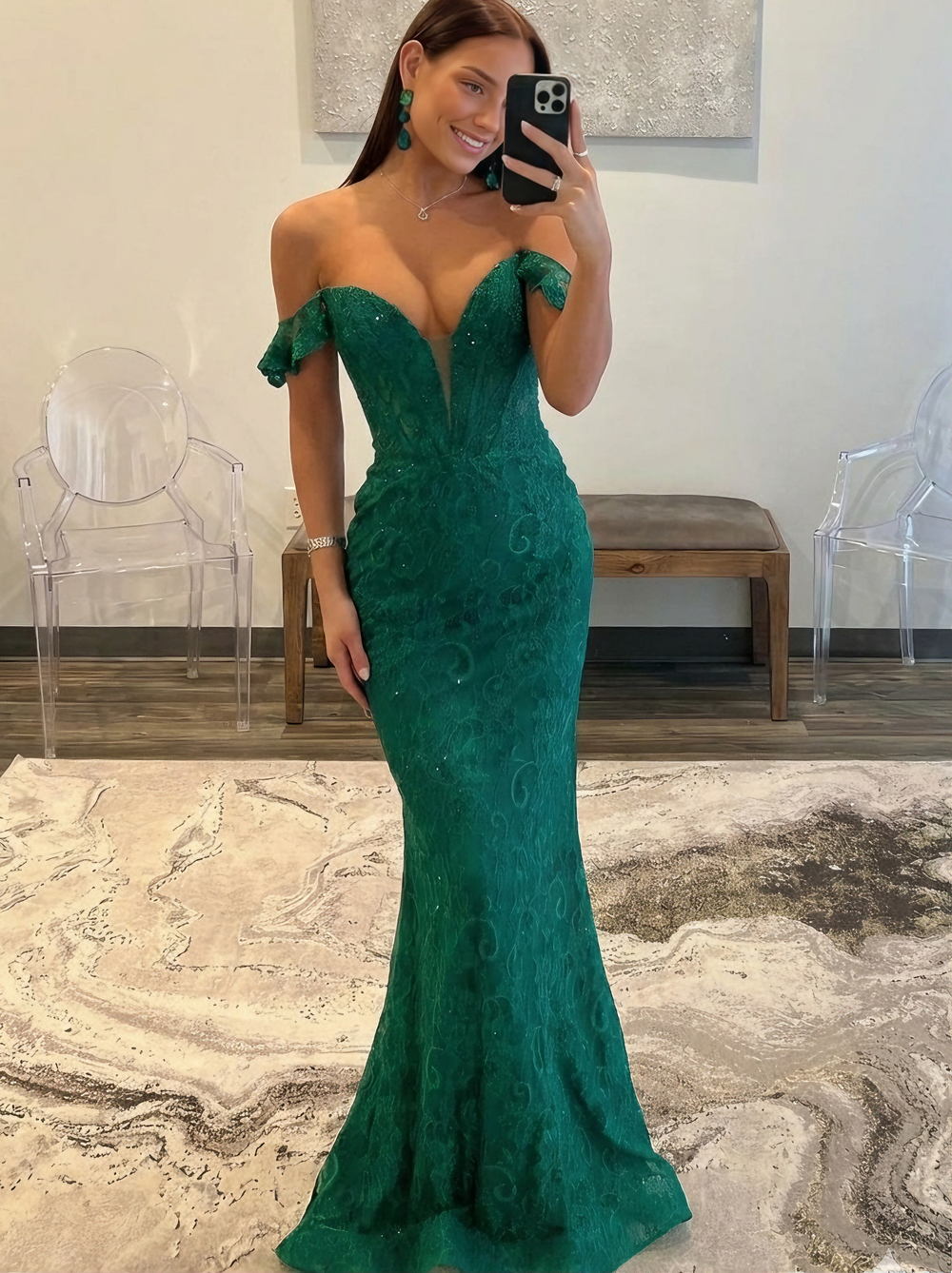 Mermaid Long Prom Dresses Stretch Chiffon Off The Shoulder V-Neck Short Sleeves Floor-length Sweep Train Prom Dress With Sequin&Appliques