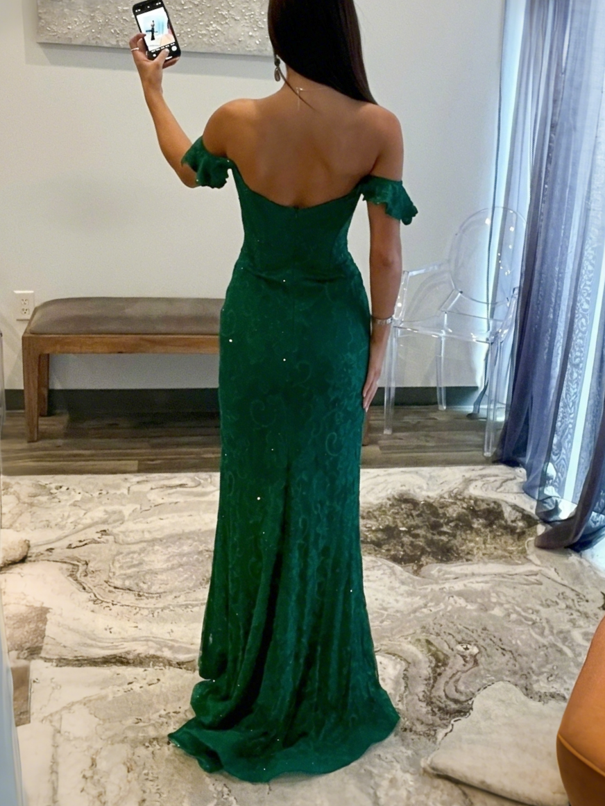 Mermaid Long Prom Dresses Stretch Chiffon Off The Shoulder V-Neck Short Sleeves Floor-length Sweep Train Prom Dress With Sequin&Appliques