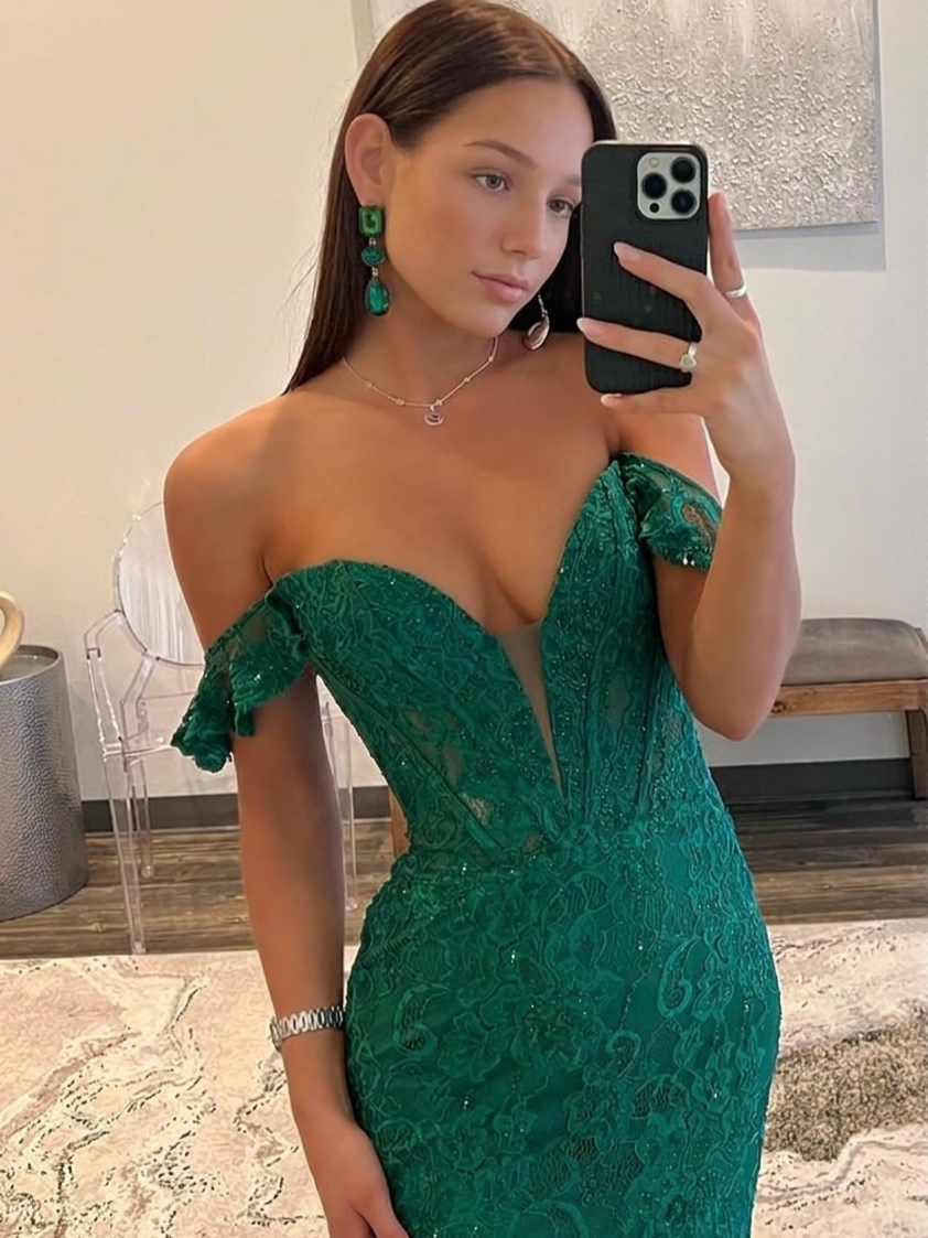 Mermaid Long Prom Dresses Stretch Chiffon Off The Shoulder V-Neck Short Sleeves Floor-length Sweep Train Prom Dress With Sequin&Appliques