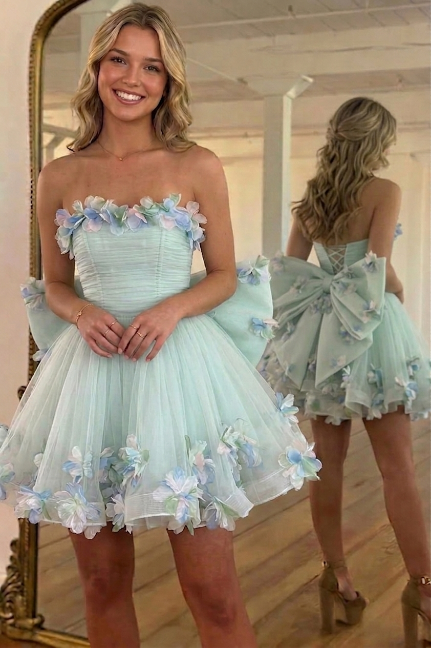 A-Line/Princess Homecoming Dresses Floral Tulle Party Dresses Strapless Short/Mini Layerd Ruffled Prom WIth Bow