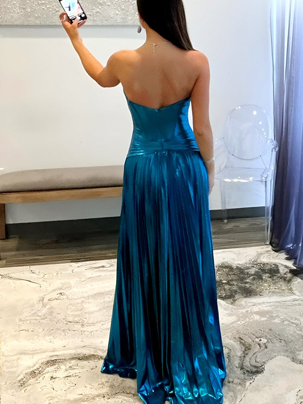 A-Line/Princess Prom Dresses Sweetheart Strapless Floor-length Sparkle Long Metallic Prom Dress with Pleated&Side Split