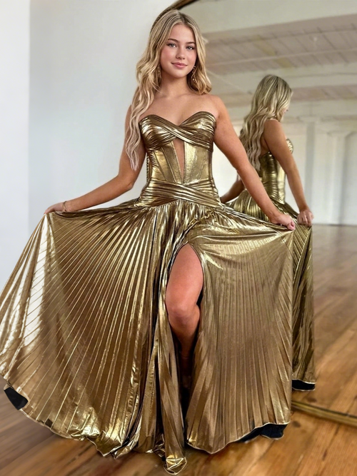 A-Line/Princess Prom Dresses Sweetheart Strapless Floor-length Sparkle Long Metallic Prom Dress with Pleated&Side Split