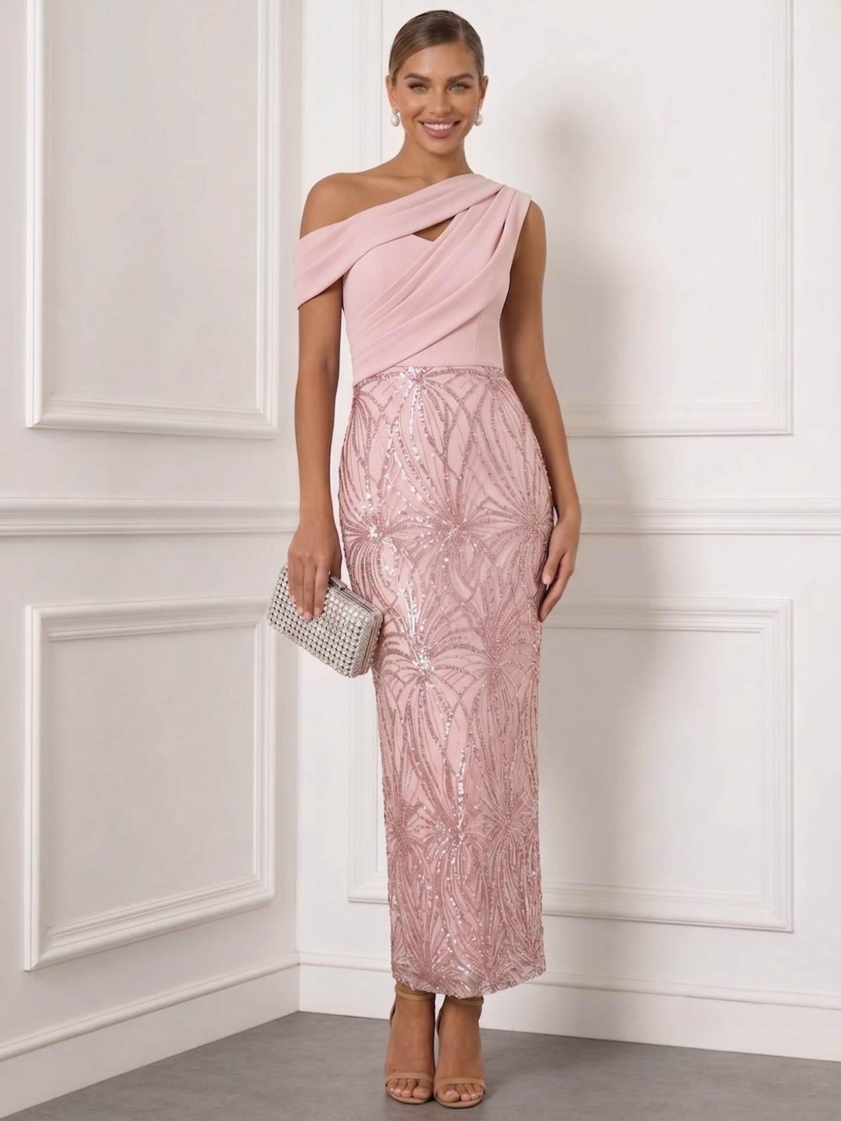 Sheath/Column Cocktail Dresses Sequins Satin One-Shoulder Off-The-Shoulder Ruched Short Sleeve Ankle-Length Zipper Elegant Formal Dress