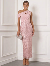 Sheath/Column Cocktail Dresses Sequins Satin One-Shoulder Off-The-Shoulder Ruched Short Sleeve Ankle-Length Zipper Elegant Formal Dress