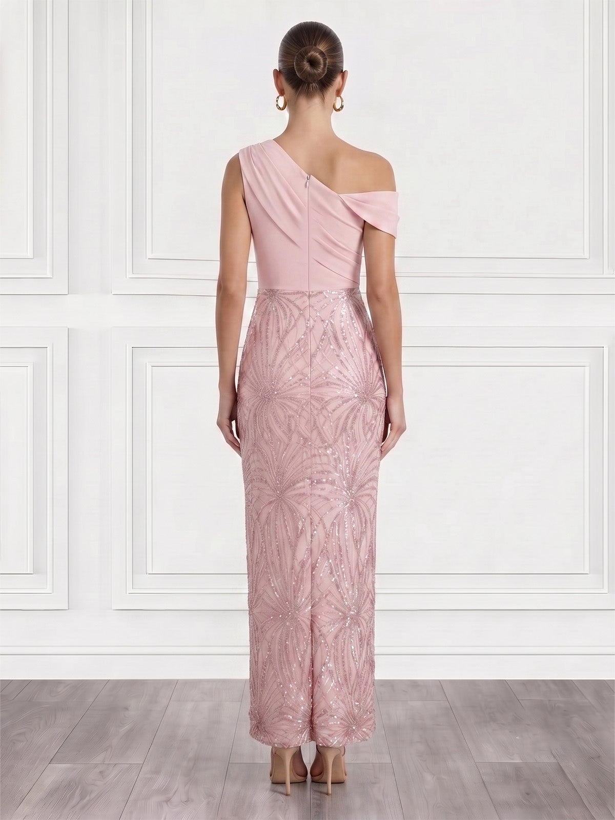 Sheath/Column Cocktail Dresses Sequins Satin One-Shoulder Off-The-Shoulder Ruched Short Sleeve Ankle-Length Zipper Elegant Formal Dress