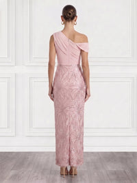 Sheath/Column Cocktail Dresses Sequins Satin One-Shoulder Off-The-Shoulder Ruched Short Sleeve Ankle-Length Zipper Elegant Formal Dress