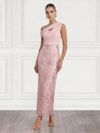 Sheath/Column Cocktail Dresses Sequins Satin One-Shoulder Off-The-Shoulder Ruched Short Sleeve Ankle-Length Zipper Elegant Formal Dress
