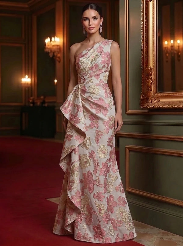 Sheath/Column Evening Gown Elegant Embroidery Floral Dress Floor Length Sleeveless One Shoulder Ruffle with Slid Split Blue Mother Of The Bride Dresses