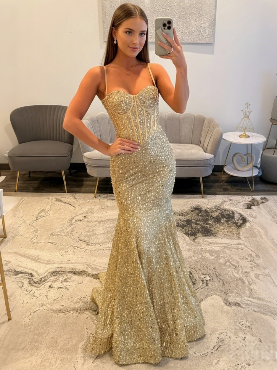 Trumpet/Mermaid Sequins Prom Dress Basque Waist Spaghetti Straps Floor-Length Long Sparkle Corset Prom Dress Evening Dress
