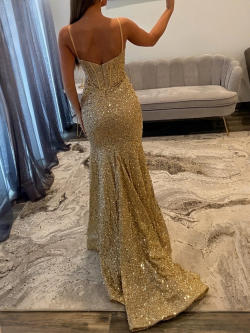 Trumpet/Mermaid Sequins Prom Dress Basque Waist Spaghetti Straps Floor-Length Long Sparkle Corset Prom Dress Evening Dress