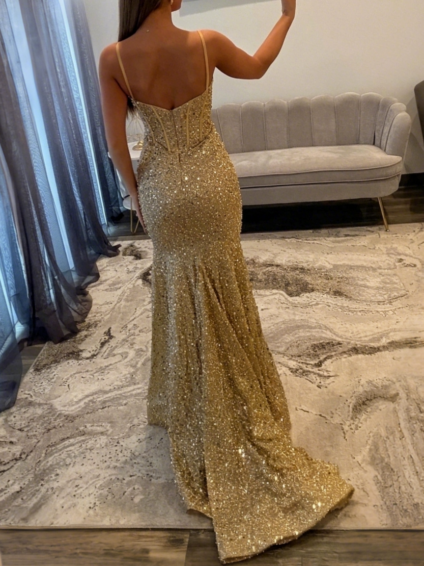 Trumpet/Mermaid Sequins Prom Dress Basque Waist Spaghetti Straps Floor-Length Long Sparkle Corset Prom Dress Evening Dress