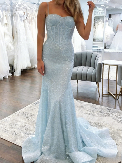 Trumpet/Mermaid Sequins Prom Dress Basque Waist Spaghetti Straps Floor-Length Long Sparkle Corset Prom Dress Evening Dress