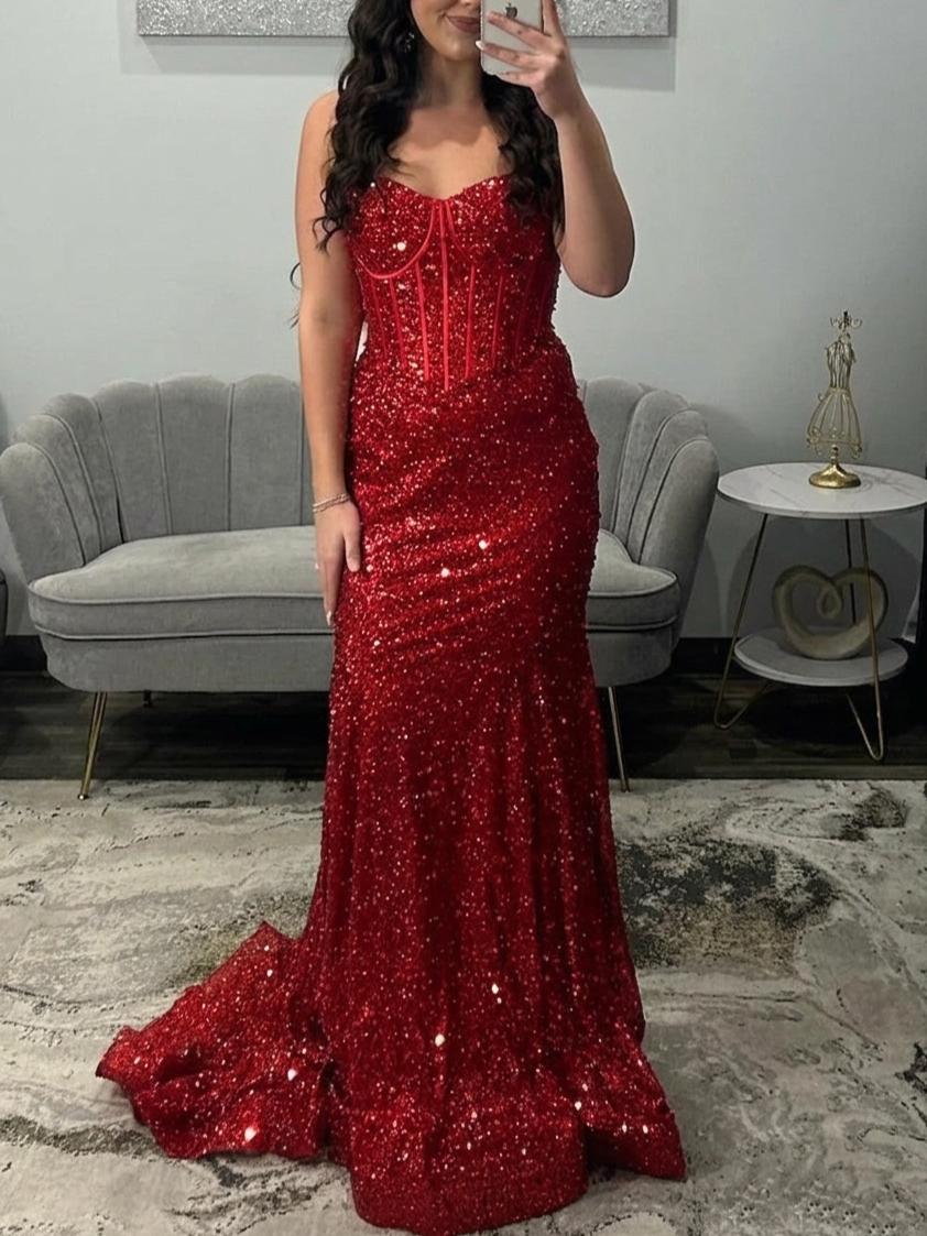 Nafori Red Trumpet/Mermaid Sequins Prom Dress Basque Waist Spaghetti Straps Floor-Length Long Sparkle Corset Prom Dress Evening Dress 2026