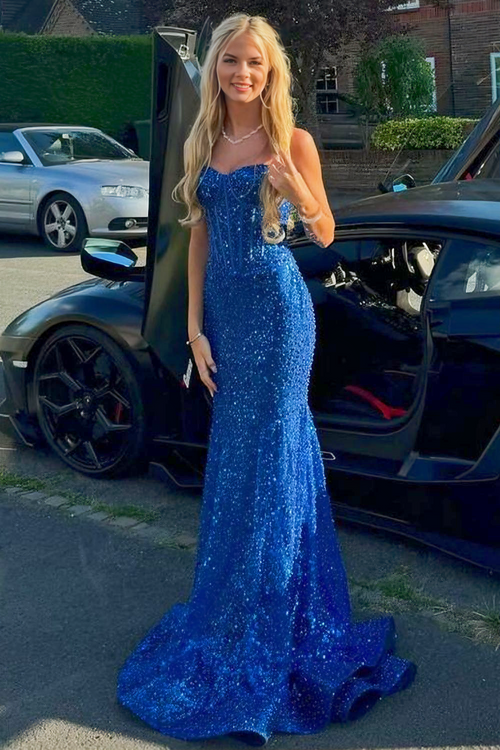 Trumpet/Mermaid Sequins Prom Dress Basque Waist Spaghetti Straps Floor-Length Long Sparkle Corset Prom Dress Evening Dress