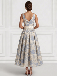 A-Line/Princess Cocktail Dresses Embroidery Semi-Formal Floral Dresses V Neck Sleeveless Tea Length with Bowknot Pocket