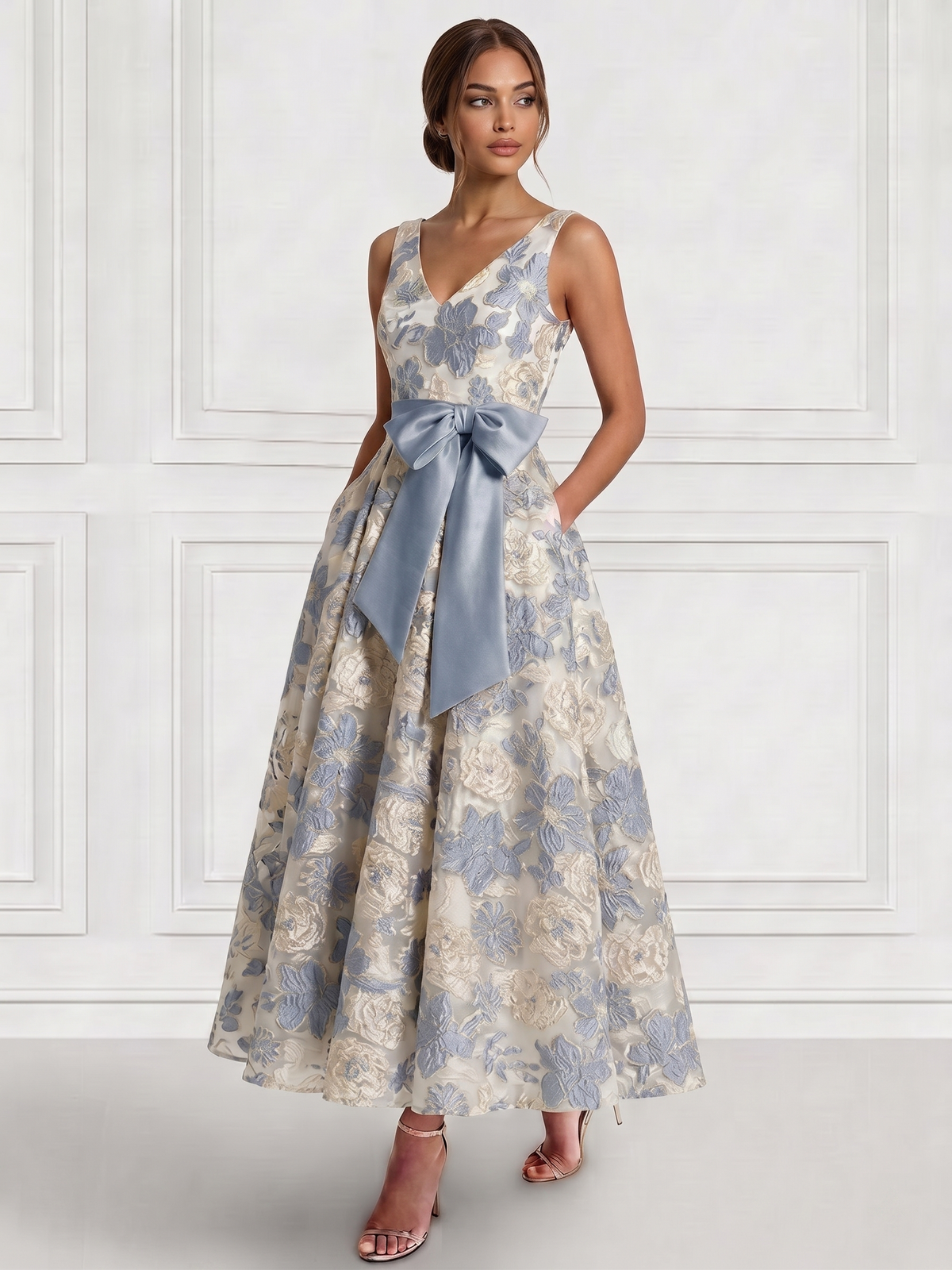 Nafori Ivory A-Line/Princess Cocktail Dresses Embroidery Semi-Formal Floral Dresses V Neck Sleeveless Tea Length with Bowknot Pocket 2026