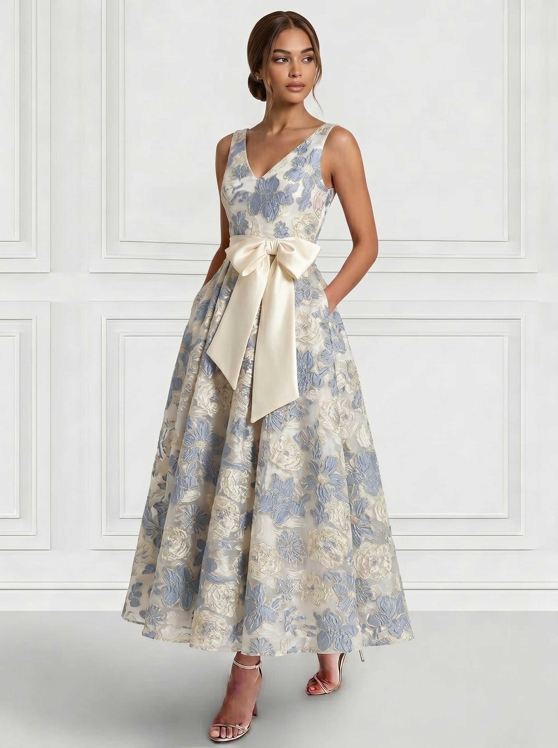 semi formal floral dress Nafori Ivory A-Line/Princess Cocktail Dresses Embroidery Semi-Formal Floral Dresses V Neck Sleeveless Tea Length with Bowknot Pocket 2026